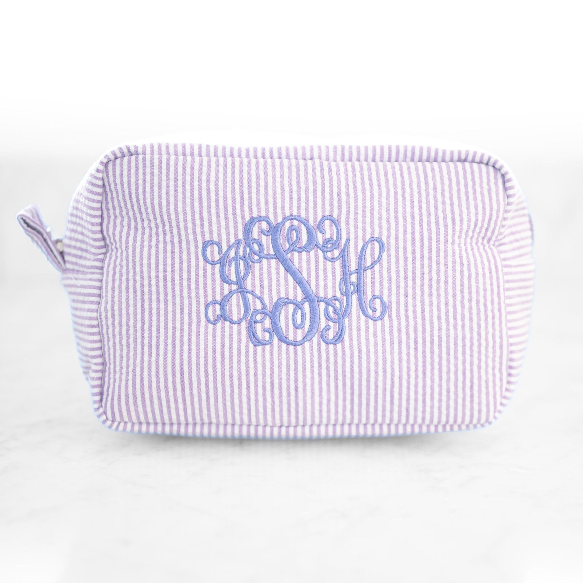 Personalized Seersucker Makeup Bag, Embroidered Cosmetic Bag
