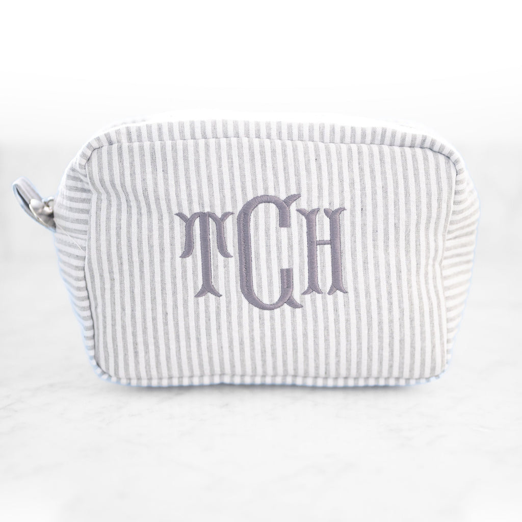 Personalized Seersucker Makeup Bag, Embroidered Cosmetic Bag